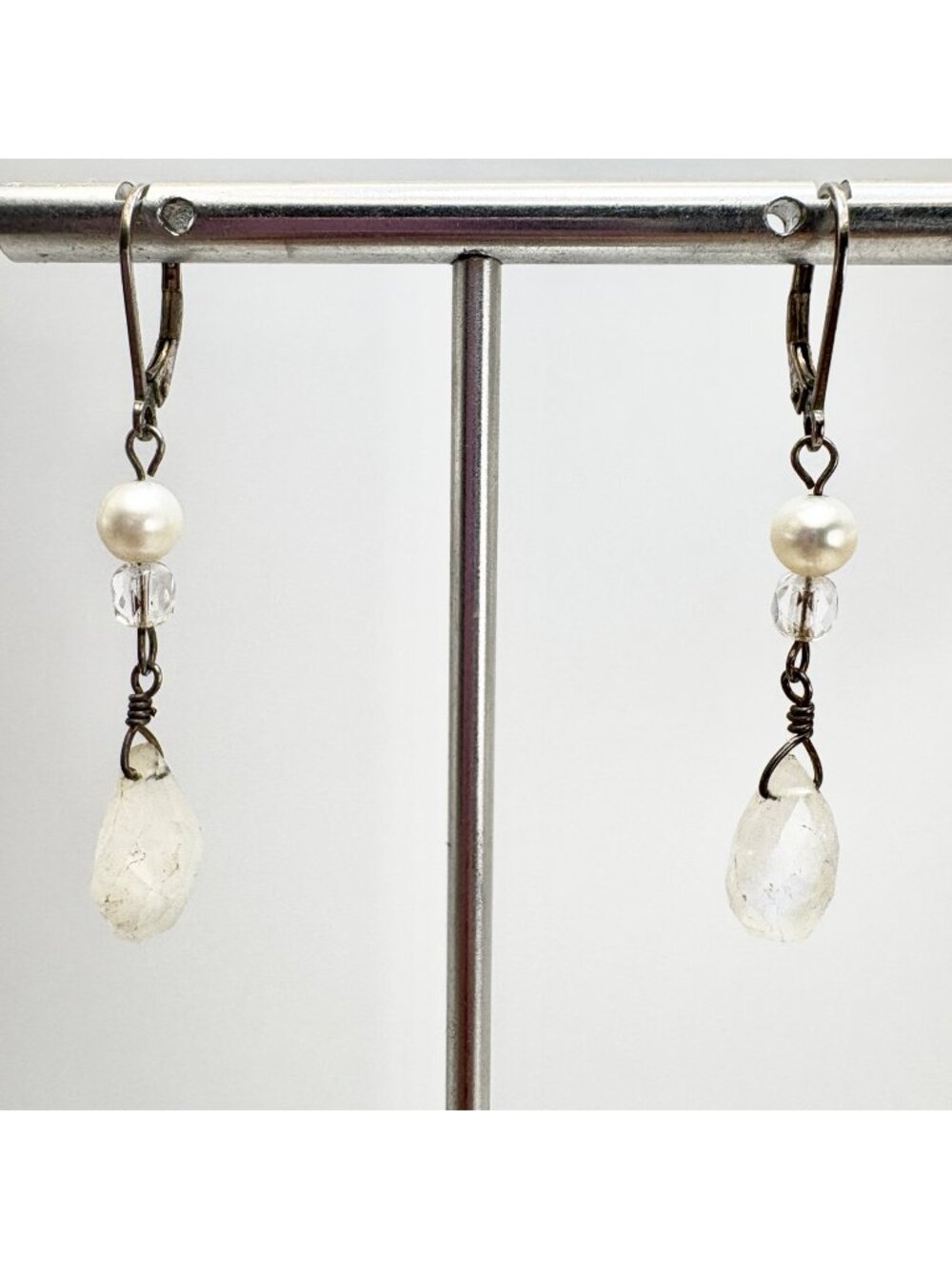 Pearl & White Crystal Leverback Earrings Sterling Silver 925 Size 1.75" Length